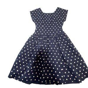 Anthropologie Lili's Closet Dots Linen Dress Navy Beige Polka Dots Size 4 Ruffle